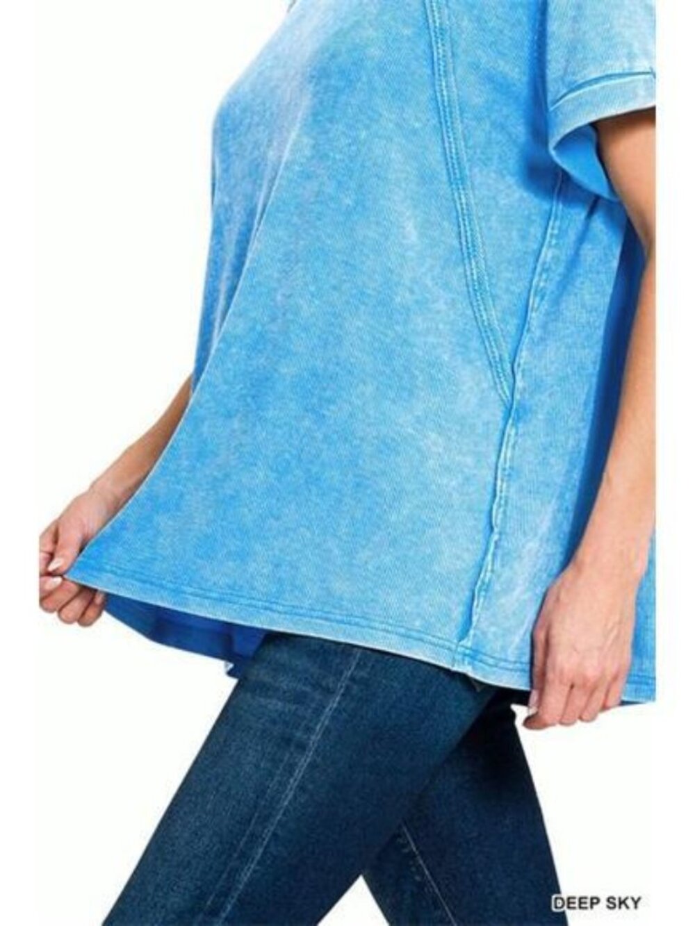 Zenana Washed‎ Ribbed Cuffed Short Sleeve Round Neck Top - Picture 4 of 7